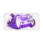 Gaming desk pad with a game controller in violet and blue colors on a predominantly white background. Unique and artistic design by digital artists Desk Pad kept on a plain white background