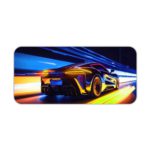 Desk pad featuring a stylized sports car in motion with blue, yellow, and orange light trails. Desk Pad kept on a plain white background