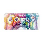 Gaming desk pad with a multi-colored controller on a white background, featuring vibrant paint splashes Desk Pad kept on a plain white background