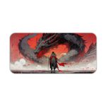 Desk pad with anime-style queen and dragon-like creature in red, gray, and black. Desk Pad kept on a plain white background