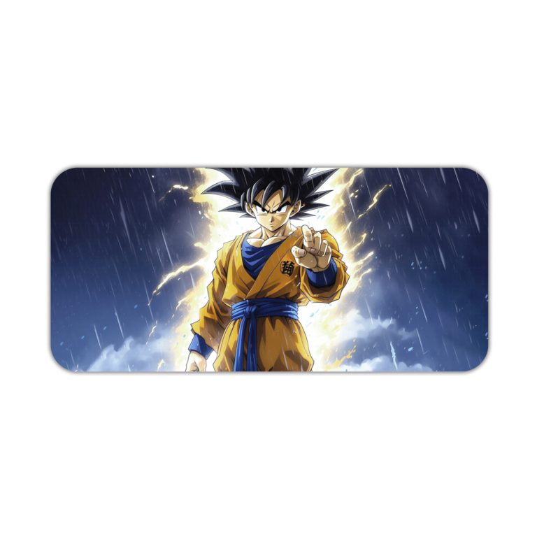 Japanese anime character with spiky dark hair in a yellow outfit, powering up against a blue, rainy background on a desk pad. Desk Pad kept on a plain white background