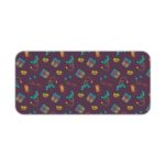 Infidu Creative Gaming Joystick Pattern Desk Pad featuring a dark maroon background with colorful illustrations of game controllers, headphones, and cassette tapes Desk Pad kept on a plain white background