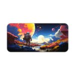 Infidu Space Desk Pad with an astronaut standing on an alien planet, featuring a colorful sky with multiple moons and vibrant colors. Desk Pad kept on a plain white background