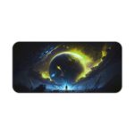 Infidu Space Desk Mat features a large glowing planet or star against a dark space background with swirling yellow-green gases. Desk Pad kept on a plain white background