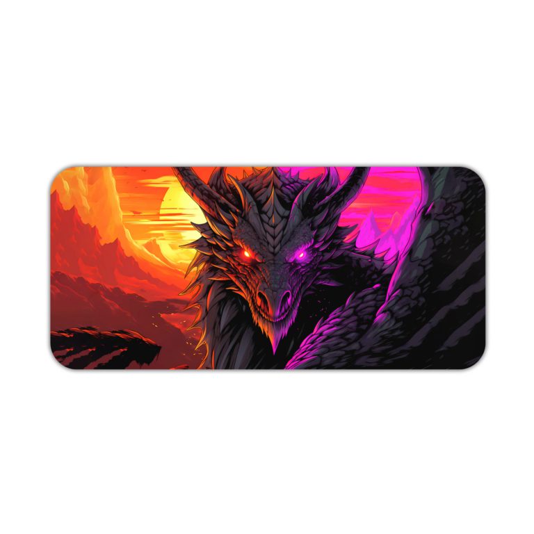 Desk pad featuring a close-up of a dragon's face and neck with intricate scales, set against a vibrant sunrise sky. Desk Pad kept on a plain white background