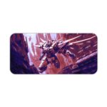 Futuristic mecha robot in purple and red with a sci-fi battle background on a high-quality desk pad. Desk Pad kept on a plain white background