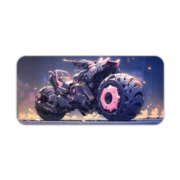 Futuristic bike design in black and pink with a navy blue and yellow background. Ideal for sci-fi and cyberpunk themes. Desk Pad kept on a plain white background