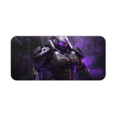 Futuristic robot design in blue and purple on a dark starry background, perfect for a sci-fi-themed desk pad. Desk Pad kept on a plain white background