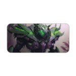 Desk pad featuring a futuristic armored figure or mecha with glowing green elements against a misty, atmospheric background. Desk Pad kept on a plain white background