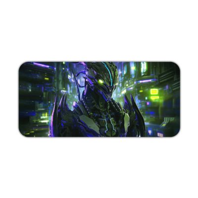 Desk pad with a futuristic robotic creature in a vibrant, neon-lit cyberpunk cityscape. Desk Pad kept on a plain white background