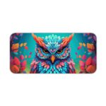 Illustration of a colorful owl with vibrant blue, purple, and orange feathers on a teal and turquoise background on the Infidu Artistic Animated Desk Pad kept on a plain white background