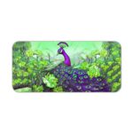 Illustration of a bright purple peacock on a branch with a background of green leaves on the Infidu Artistic Animated Desk Pad kept on a plain white background