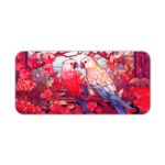 Illustration of two colorful parrots on a branch surrounded by pink and red flowers on the Infidu Artistic Animated Desk Pad. kept on a plain white background