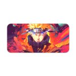 Naruto anime character with spiky blonde hair and headband against a colorful, explosive background in shades of purple, pink, orange, and blue. Desk Pad kept on a plain white background