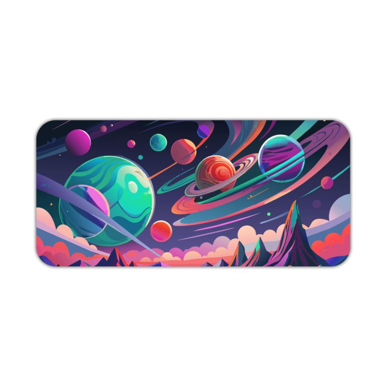 Infidu Space Vector Desk Mat features a colorful space scene with planets, stars, and abstract shapes in bright blues, purples, pinks, and greens. Desk Pad kept on a plain white background