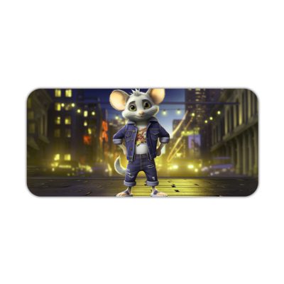 Infidu Artistic Animated Desk Mat with Creative White Rat Design, Buildings, and Cars with Lights for Kids and Adults Desk Pad kept on a plain white background