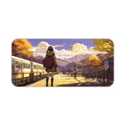 Infidu Artistic Desk Mat with an anime girl on a train platform, autumn trees, mountains, and a blue sky with clouds. Desk Pad kept on a plain white background