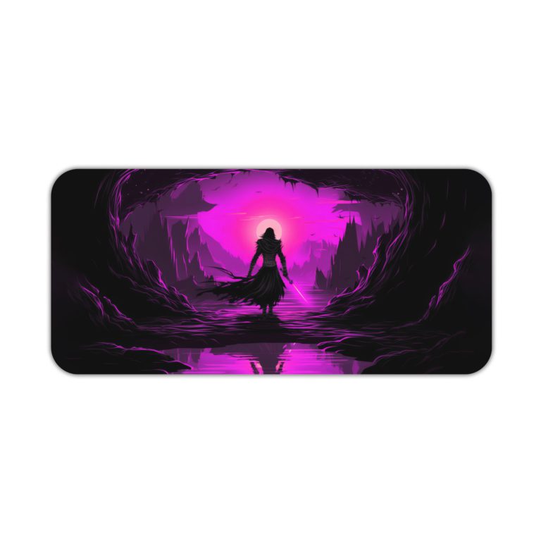 Infidu Artistic Desk Pad with an anime ninja silhouette in front of a bright purple light, set in a dark, mystical cave-like environment. Desk Pad kept on a plain white background