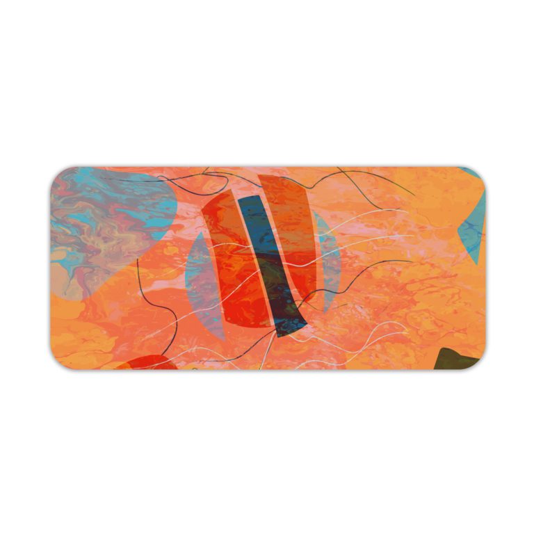 Infidu Whimsical Wonder Desk Pad with abstract orange background and irregular shapes in teal, black, and pink accents. Desk Pad kept on a plain white background