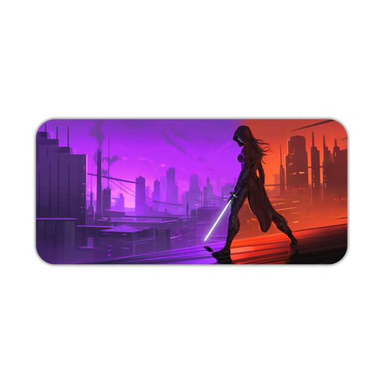 Infidu Artistic Desk Pad with an anime ninja silhouetted in a cityscape, holding a sword, with a background split between purple and red tones. Desk Pad kept on a plain white background