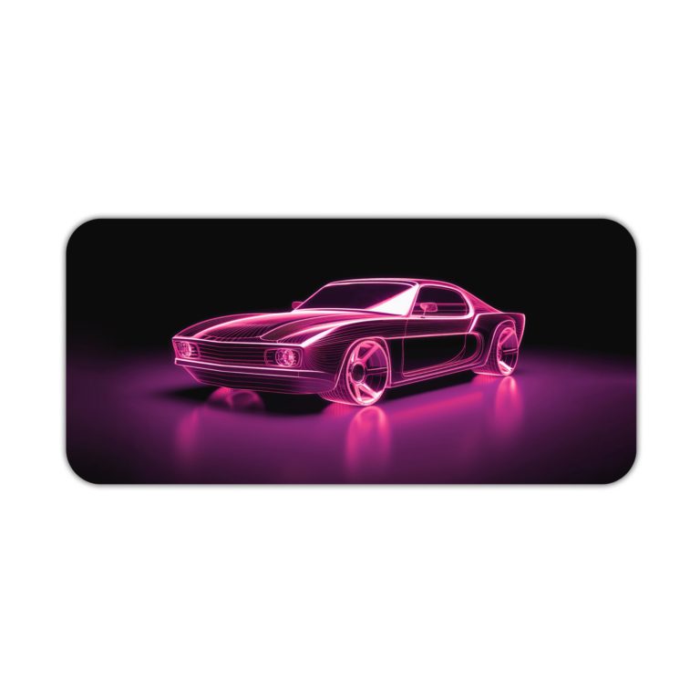 Infidu Artistic Desk Pad with a vintage sports car outlined in glowing purple neon against a dark background, creating a retro-futuristic look. Desk Pad kept on a plain white background