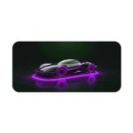 Desk pad featuring a sleek, futuristic sports car in glowing purple neon against a dark background. Desk Pad kept on a plain white background