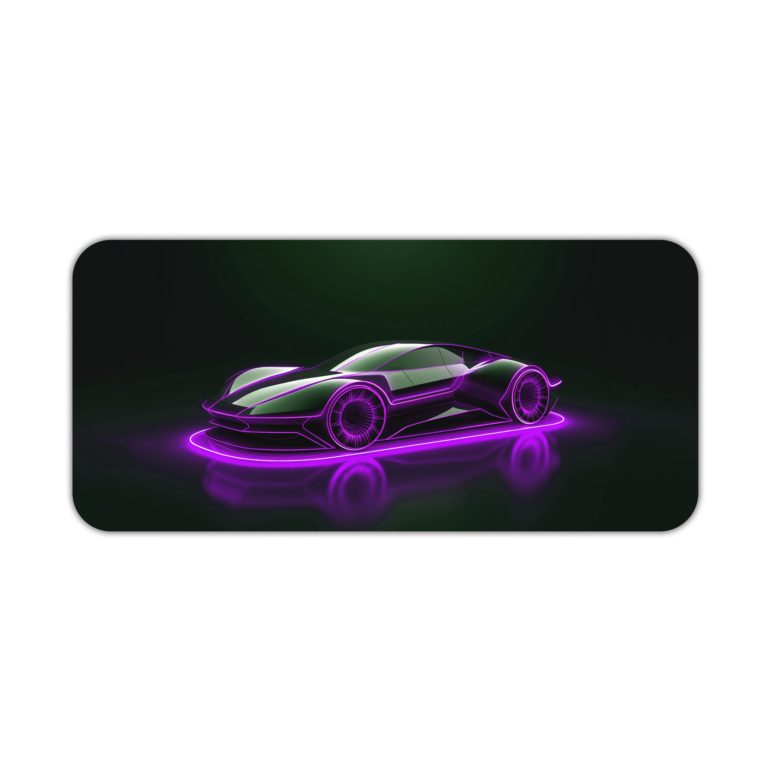 Desk pad featuring a sleek, futuristic sports car in glowing purple neon against a dark background. Desk Pad kept on a plain white background