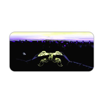 Gaming desk pad featuring a controller in black, navy blue, and yellow on a black background, designed by digital artists for a unique look Desk Pad kept on a plain white background