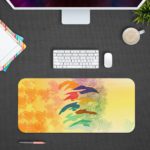 Infidu Artistic Desk Mat with an abstract landscape design in blue, white, green, and brown. Design Kept on a computer table