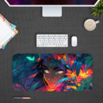 Desk pad with an abstract illustration of a woman in the jungle, featuring glowing white eyes and colorful foliage in blues, purples, and greens. Design Kept on a computer table