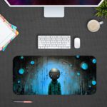 Infidu Artistic Desk Pad with a robot in a spacesuit in a dark, futuristic space environment with blue and black tones and glowing light patterns. Design Kept on a computer table