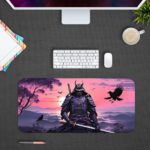 Infidu Artistic Desk Pad with an anime samurai in meditation against a purple and pink sunset sky, with silhouettes of trees, mountains, and a soaring bird. Design Kept on a computer table