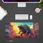 Desk mat with Godzilla rising over a city in the morning, featuring a yellow and blue background. Desk Pad kept on a plain gray background