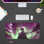 Desk pad featuring a dramatic purple and white anime scene with swirling energy effects and a central figure in an action pose. Design Kept on a computer table