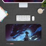 Desk pad featuring a fantasy scene with a dragon, deep blue and purple tones, and a mystical atmosphere with star-like lights. Design Kept on a computer table