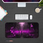 Desk pad featuring a mystical scene with a figure in a dark forest, surrounded by glowing purple mushrooms and lights. Design Kept on a computer table