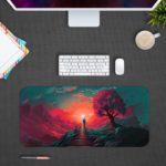 Desk pad featuring a fantastical landscape with a vibrant sky, silhouetted tree, and staircase leading into the distance. Design Kept on a computer table