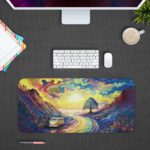 Desk pad featuring a colorful landscape with a winding road, distant tree, and vibrant sky. Design Kept on a computer table