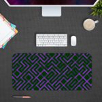 Dark desk pad with a geometric pattern of maze-like black and purple lines, adding a stylish touch to your workspace. Design Kept on a computer table