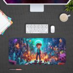 Animated desk pad featuring a boy in a Minecraft-like world, surrounded by small animals and glowing elements in bright blues and teals. Design Kept on a computer table