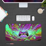 Gaming Desk Pad featuring a vibrant, randomly painted controller with a background in green, violet, and light yellow, designed for a unique and artistic look Desk Pad in computer table