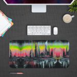 Abstract glitch art of a stylized cityscape with tall buildings silhouetted against a colorful, dreamy sky. Design Kept on a computer table