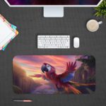 Colorful parrot with a sunset sky background on the Infidu Artistic Desk Pad kept on a gray background