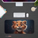 Desk pad with a cheerful animated tiger cub with orange fur, black stripes, and a white muzzle on a dark background with glowing orange particles. Desk Pad on the computer table