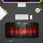 Abstract art Infidu Artistic Desk Pad with dark tones, red lanterns, and a mysterious figure holding an umbrella in a rainy forest. Design Kept on a computer table