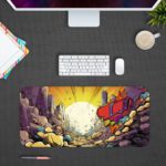 Infidu Color Splash Animated Desk Pad with a vibrant comic-style design, featuring purples, blues, yellows, and dynamic elements. Desk Pad kept on a gray background