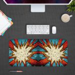 Infidu Color Wave Boom Animated Desk Mat with a vibrant blue and red background, featuring unique multi-colored art. Desk Pad kept on a plain gray background