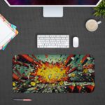 Infidu Color Wave Boom Animated Desk Mat featuring vibrant multi-colored art on gray with yellow accents. Desk Pad kept on a plain gray background