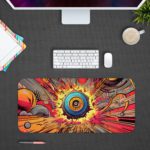 Infidu Record Disk Animated Desk Mat with vibrant circular shapes and explosive colors for a dynamic and energetic look Desk Pad kept on a plain gray background