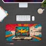 Infidu Tech Fusion Desk Pad with Comic Book-Style Design Featuring a Laptop and Bold Red, Orange, and Yellow Clouds Desk Pad kept on a plain gray background